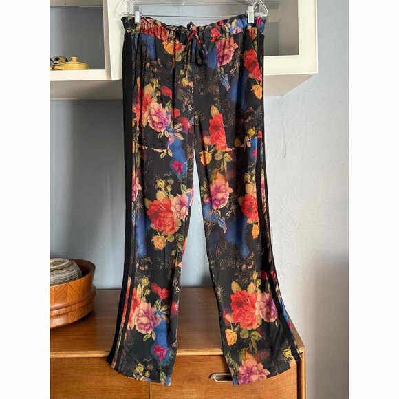 Johnny Was Black w/ Multicolor Floral Printed Silk Drawstring Pants Size S - Picture 1 of 7